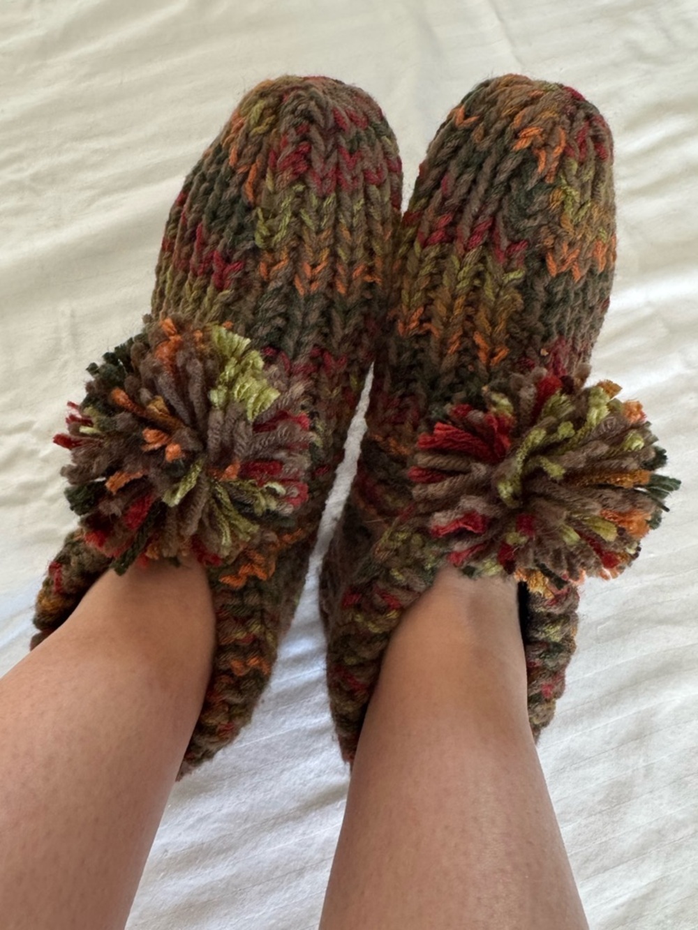 Handmade Multicolor Knit Slipper Socks with Pom-Poms